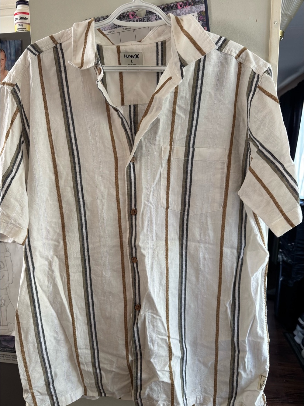 Hurley White Short-Sleeve Button-Up Shirt with Brown and Black Stripes